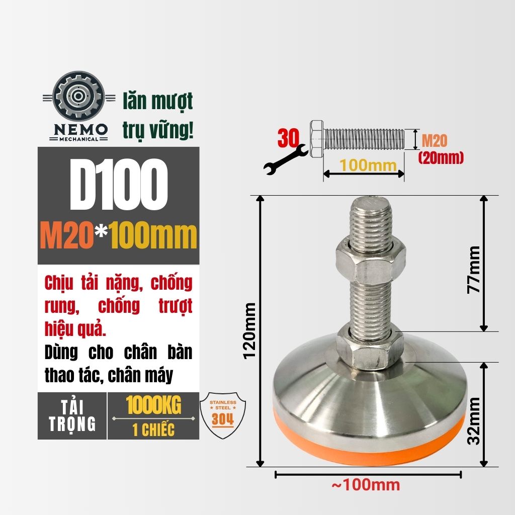 Chân Tăng Chỉnh Inox 304 Ren M20 – Đế Bát Dày 100mm, Chịu Tải Siêu Nặng 1 Tấn/Chiếc